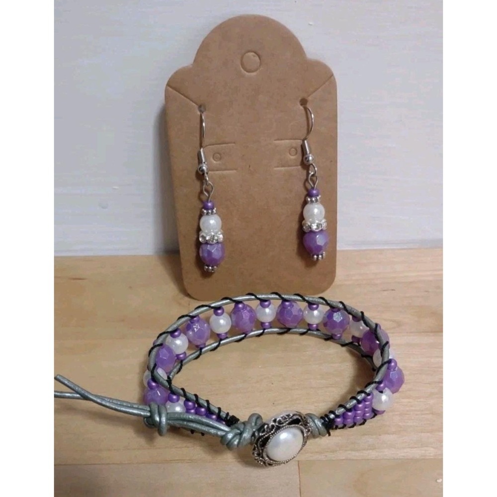 Purple Radiance Single Wrap Beaded Leather Bracelet With Earrings Set